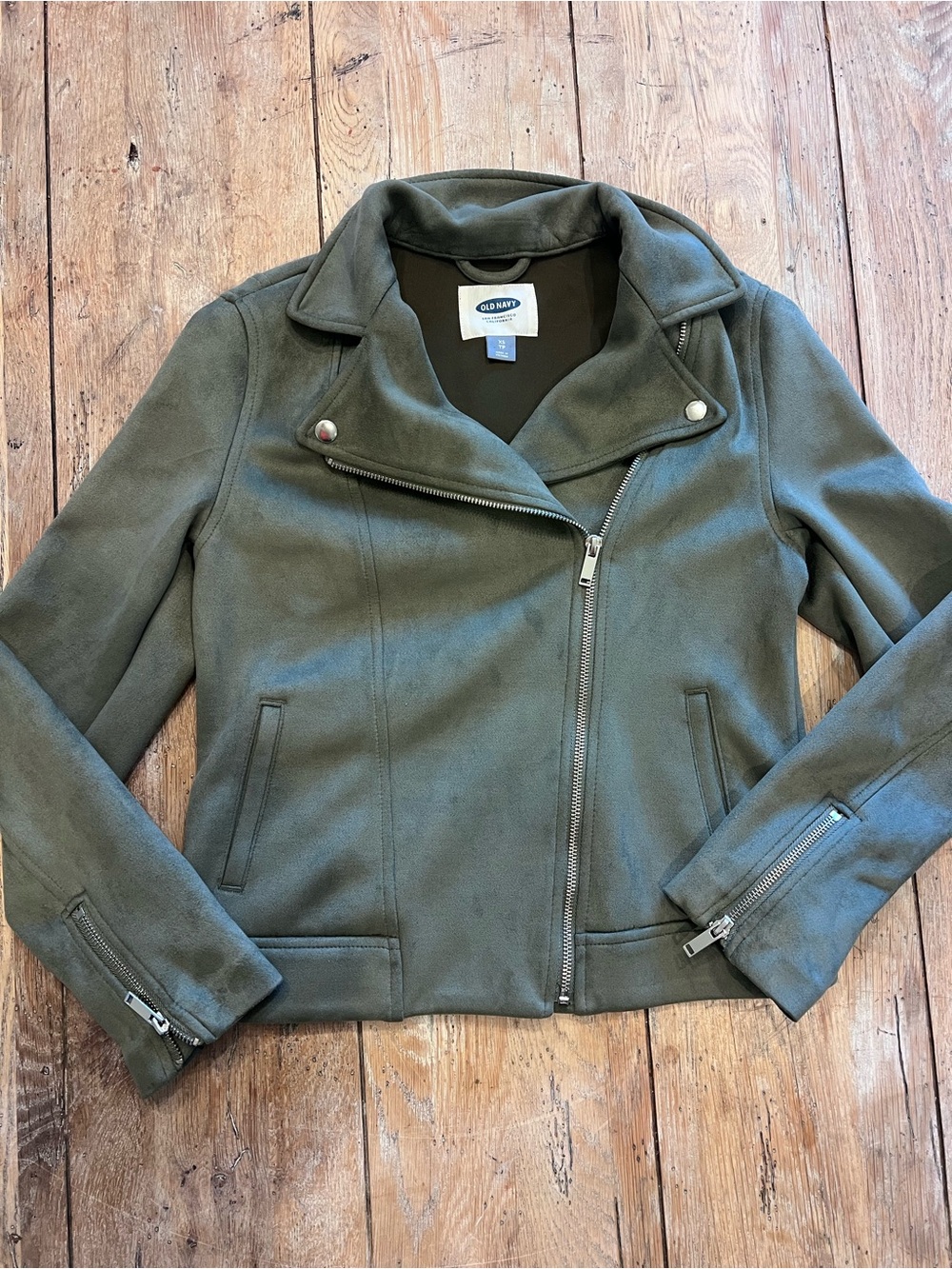 Old Navy Women's Olive Moto Jacket Asym Zip Collared XS Bikercore Faux Suede